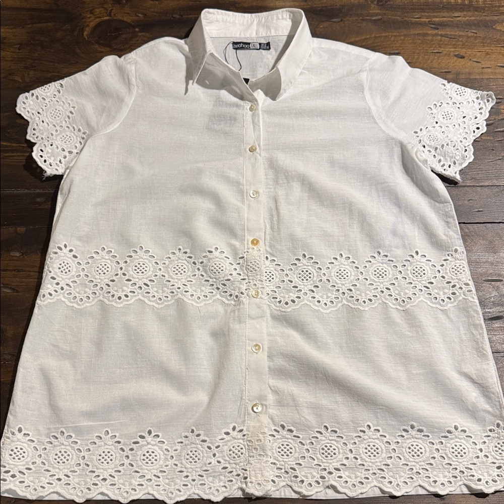 Boohoo Tall Broderie Scalloped Edge White 100% Cotton Top-Size 10 Tall